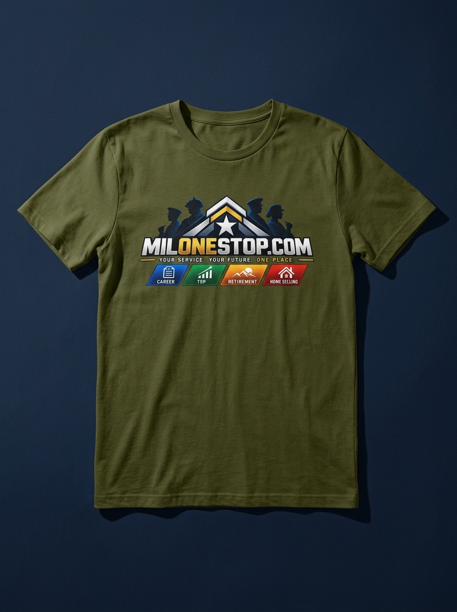 MilOneStop olive green t-shirt with military logo — Career, TSP, Retirement, Home Selling